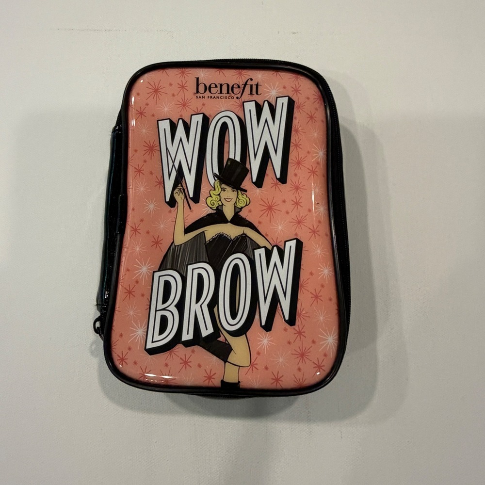 Benefit Cosmetics Wow Brow Makeup Bag Pink Black Glossy Cosmetic Case Pouch